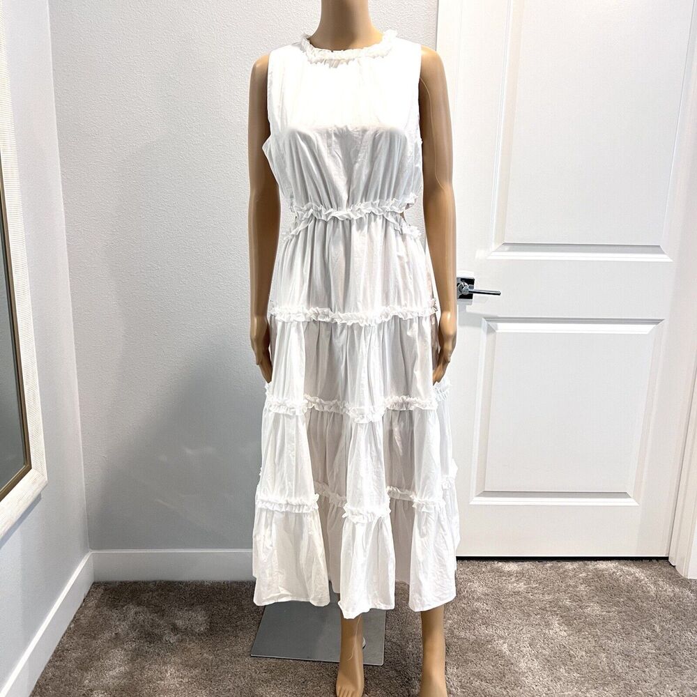 &Merci Women’s White Ruffle Tiered Cut-Out Midi Cottage Beach Dress Size Large - Picture 4 of 15
